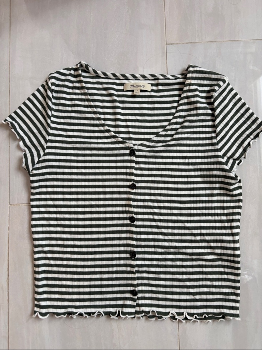 Madewell Green and White Striped Ribbed Button Crop Top